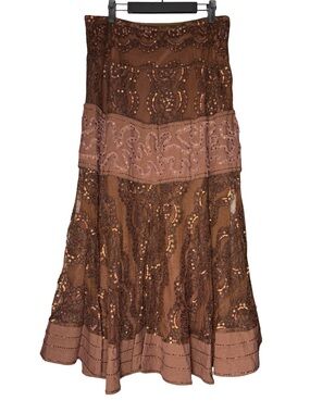 Basil & Maude Brown Lace Sequin Midi Skirt Sz 10 Y2K Whimsigoth Fairy Boho Fall